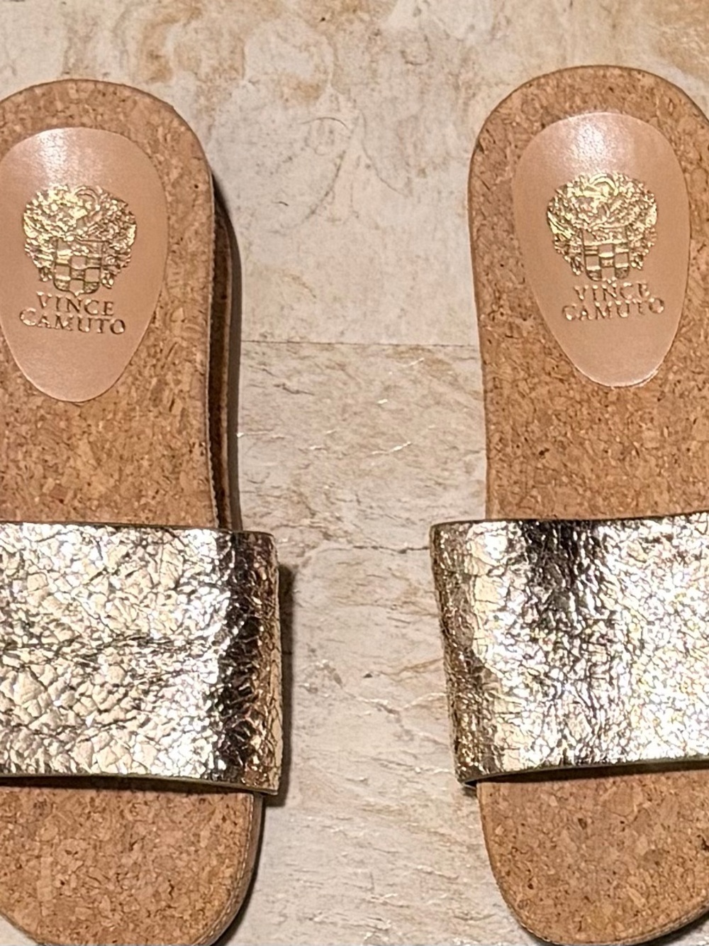 Vince Camuto Metallic Gold Cork Slide Sandals